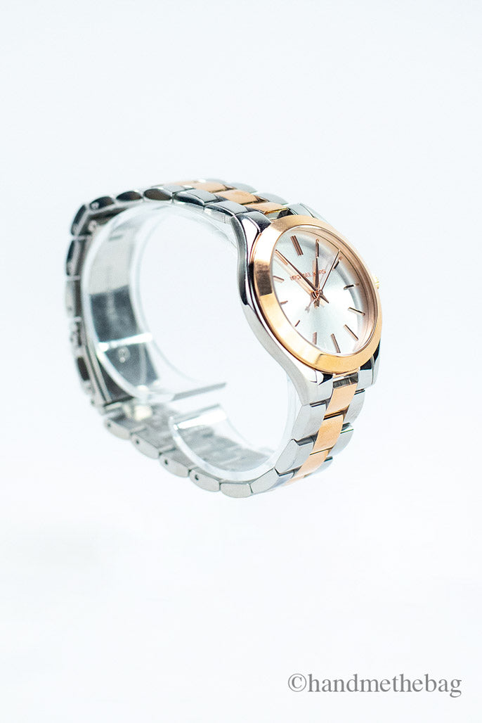 Michael Kors Slim Runway Rose Gold Silver Toned Stainless Steel Watch
